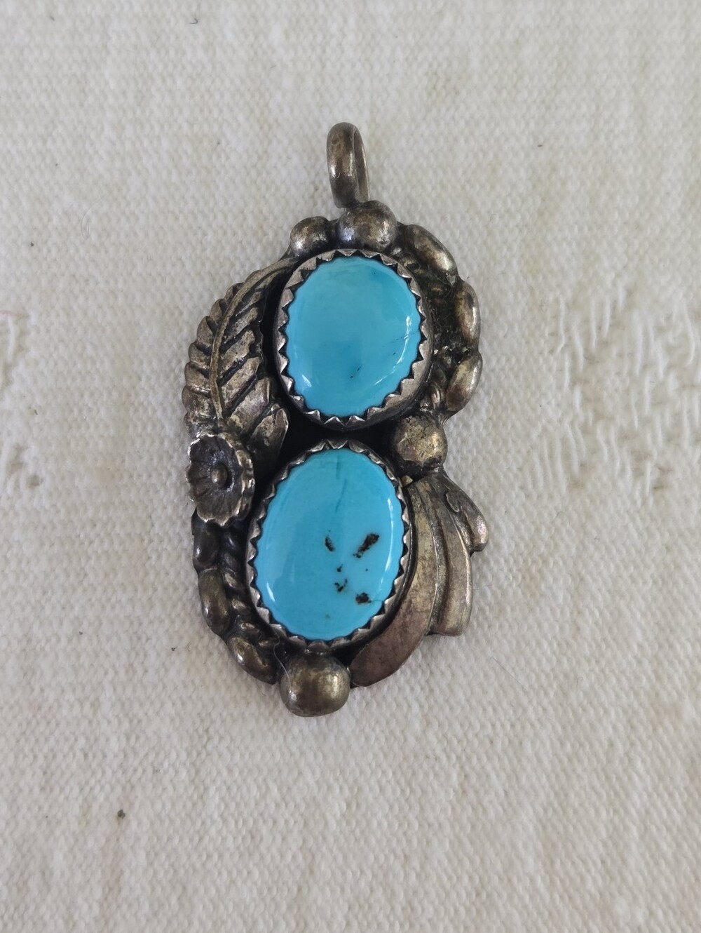 Vintage Sterling Silver Turquoise Double Stone Pendant - Bright Blue